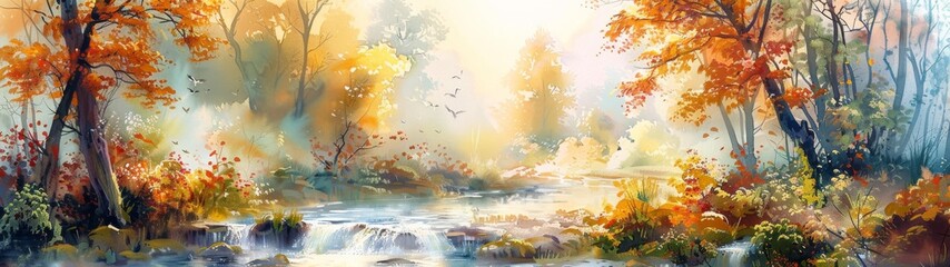 Watercolor style wallpaper babbling brook winds its way through the countryside, its gentle murmur a lullaby for the soul.