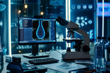 Advanced Laboratory Workspace with Microscope and Digital Display