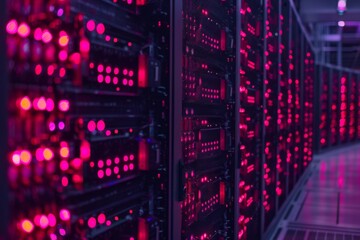 High Tech Server Racks with Neon Pink Lights in Data Center