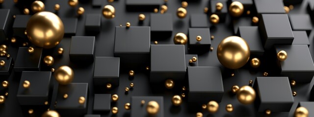 Abstract background with geometric shapes and gold spheres on gray, black, white and beige colors. Minimalistic concept of the modern design in high resolution.