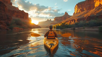 Rear view of man meeting sunset on kayaks on lake with beautil landscape in backgrounds