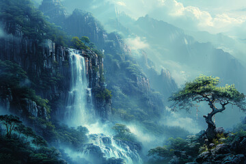 Majestic Chinese landscape with waterfall and misty cliffs