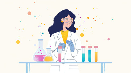 A female scientist with glasses, in the laboratory experiments illustration 2d style