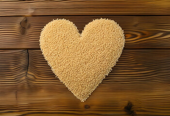 A close-up of heart-shaped sesame seeds on a wooden background