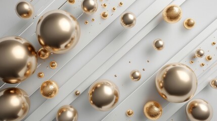 Abstract background with geometric shapes and gold spheres on gray, black, white and beige colors. Minimalistic concept of the modern design in high resolution.