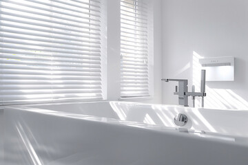 Stylish bathtub in modern style, modern bathtub near white wall in bathroom interior
