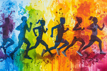 Colorful paint splashes with silhouettes of running athletes