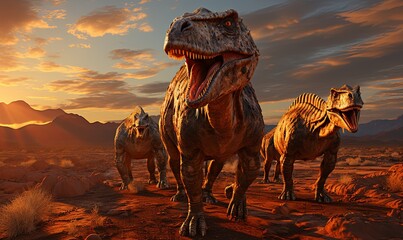 Group of Dinosaurs Walking Across Desert