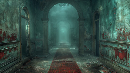 Mysterious corridor with peeling paint and moody lighting
