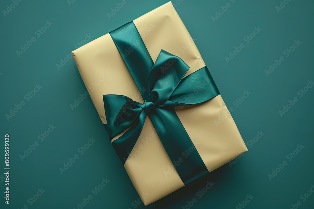 Sticker Elegant Gift Wrapped in Cream Paper with a Teal Ribbon on Background 