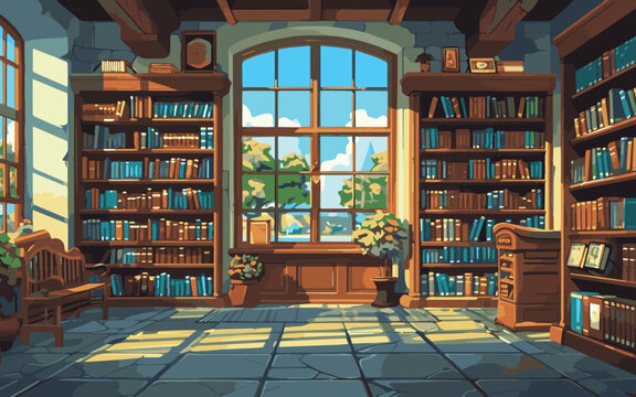 A library with a lot of books and a window