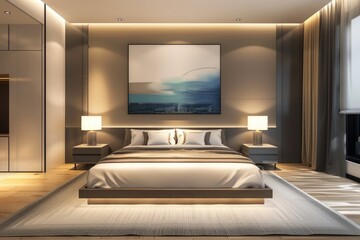 Luxury bedroom with soft and comfy neat bed with natural lighting, expensive and luxury art and paint work.