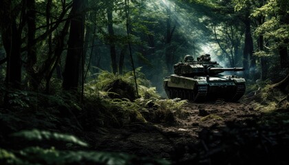 A military tank, blending with its surroundings, advances through densely populated forest filled with trees