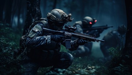 An elite soldier, fully armed, navigating through the woods in a stealth approach