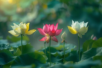morning, in the lotus pond in the valley - obrazy, fototapety, plakaty