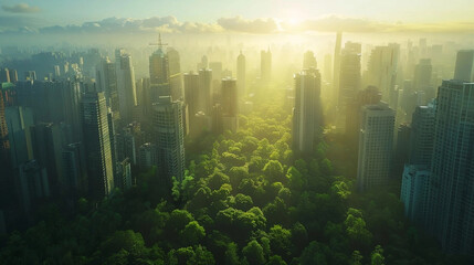Sunlit urban skyline with lush green park