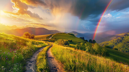 Tranquil summer evening in the mountains. Emerald-green meadows glow in the golden sunlight. A quiet road winds through the scene, met by a stunning rainbow arching across the sky.