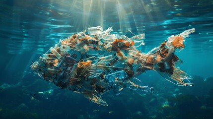 Underwater view of a fish silhouette composed of assorted plastic debris, highlighting pollution