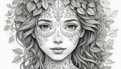 Create a line art drawing of a girls face with in upscaled 13