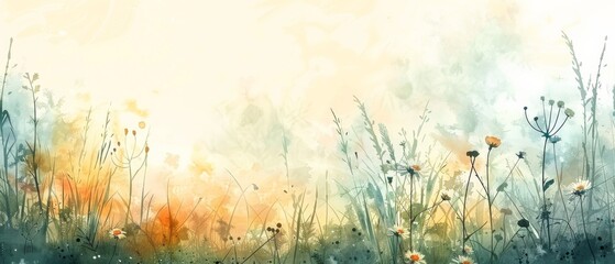Watercolor style wallpaper A gentle breeze ripples through the grass, carrying with it the scent of wildflowers and earth.