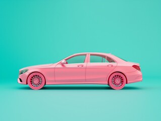 A side view of a sleek pastel pink car with matching wheels presented against a vibrant teal background.