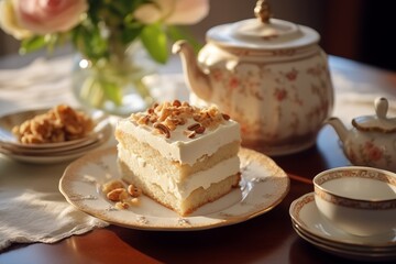 A piece of cream cake with walnuts on an elegant plate, set against the backdrop of vintage teacups and silverware in warm light