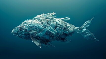 Artistic silhouette of a fish composed of plastic debris, symbolizing marine pollution