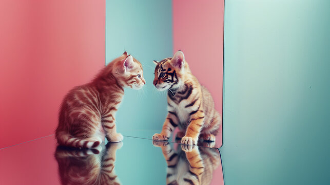 Little kitty looking at the reflection in the mirror that shows him as a little tiger in the style of surrealism. Light pink and blue background. Self awareness idea 
