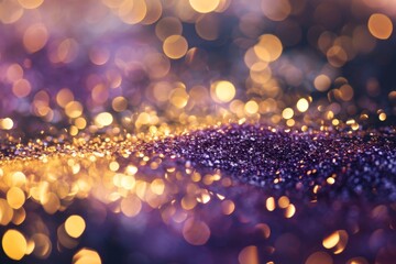 Gold and purple abstract glitter confetti bokeh background concept, AI generated