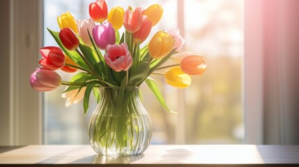 Vibrant Tulips in a Glass Vase Bathed in Sunlight on a Wooden Table. Generative AI