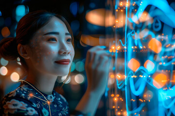 Young woman interacts with futuristic technology in a visually striking environment