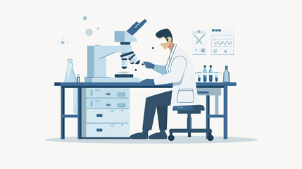 A medical worker in the lab is placing slides into a machine the instruments are on the table, sitting, chair, table, illustrations