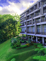 building and garden, grey and green, good combination