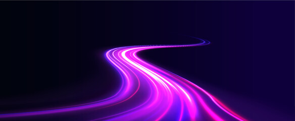 Long exposure of motorways as speed. Neon spiral lines in yellow blue and purple colors. Image of speed motion on the road.	