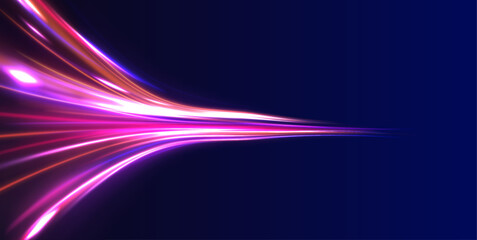 Luminous bright background. High speed effect motion blur night lights blue and red. Cyberpunk light trails in motion or light slow shutter effect.