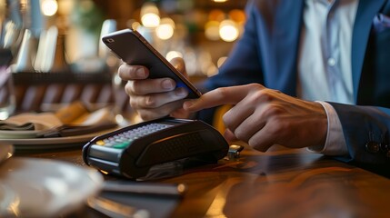 Businessman making a contactless payment with smartphone at a restaurant. Modern technology transaction, easy mobile payment. AI