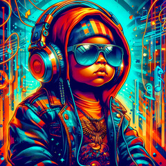 Digital art vibrant colorful cool hiphop baby wearing headphones vibin to music