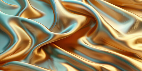 Turquoise and Gold Silk Fabric with Smooth Waves