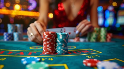 Female croupier shuffles a deck of cards with poker chips in foreground at a casino