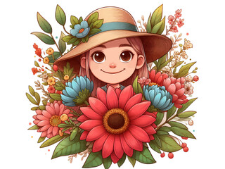 Colored cartoon, a bouquet of flowers from which child girl in hat looks out. Vector, generative ai.