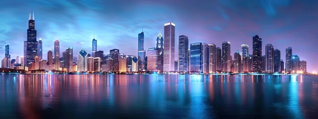 Blue tone panorama of waterfront city skyline with reflection. Image composite. AI generated illustration