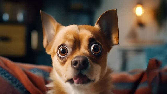surprised dog make big eyes closeup. surprised dog funny face big eyes. Young dog looking surprised and scared. Emotional surprised wide big eye dog at home, pets, animal, cute