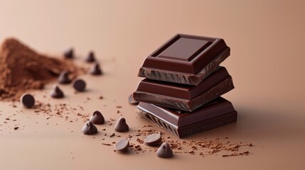 Deliciously Tempting Dark Chocolate Stack with Cocoa Powder and Chips on Soft Beige Background