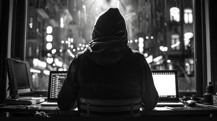 Silhouetted individual with hoodie facing computer screens, cyber crime concept