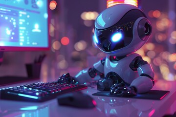 3d cartoon robot working in computer