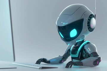 3d cartoon robot working in computer