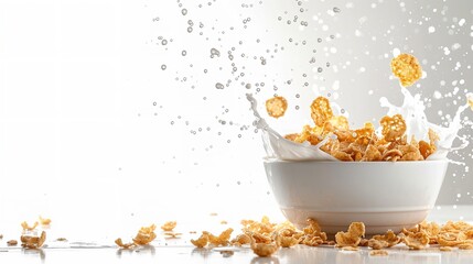 An advertising is spaced out amongst cornflakes in a dish with milk splatters and a white background, Generative AI.
