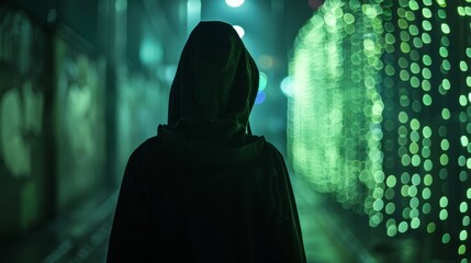 Unknown figure in a hooded silhouette against a futuristic digital backdrop