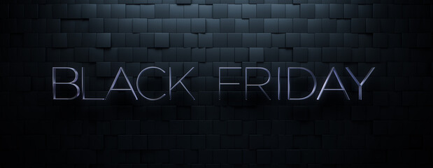 Luxury Banner with Thin, Glossy 3D Lettering on Offset Square tiles. Black Friday Background with copy-space.
