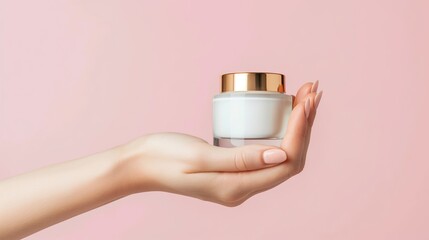 Manicured hand is holding a skincare cream product isolated on neutral background